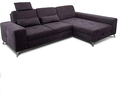 CAVADORE Ecksofa Bali / Trendige Sofaecke mit Longchair rechts, Kopfstütze & Nierenkissen / Inkl. Sitztiefenverstellung, Bett & Bettkasten / 286 x 92 x 176 / Flachgewebe: Dunkelgrau