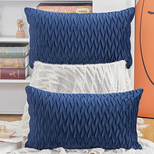 Madizz 2er Set Samt Dekorativ Zierkissenbezüge Luxus Stil Kissenbezug für Sofa für Schlafzimmer Dunkelblau 30x50 cm Rechteckigig