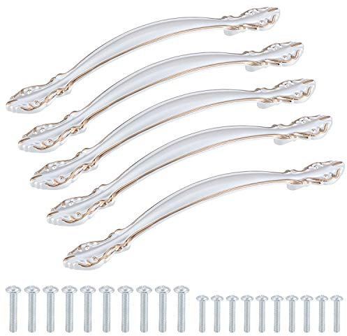 TsunNee 5PCS Vintage Cabinet Handles, Carved Drawer Pull Handles, Antique Cupboard Bow Pulls, Furniture Door Pull Handles, 128mm 5.03inches Hole Distance, Silver