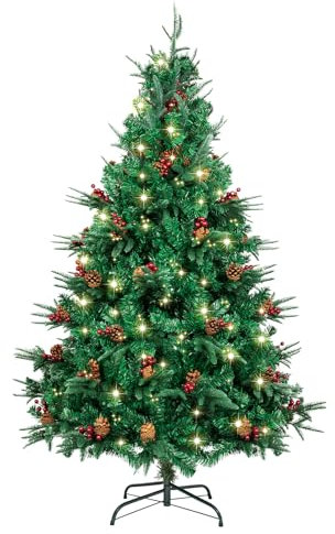 AGM 210cm Weihnachtsbaum mit 25m 500 LEDs Lichterkette, PVC + PE künstlicher Weihnachtsbaum mit Baum 900 Spitzen/60 gemischten Tannennadeln/60 roten Beeren für Weihnachten Festlicher Dekoration