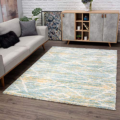 carpet city Teppich Shaggy Hochflor - Ethno-Stil 120x160 cm Blau Gelb Creme - Moderne Teppiche Wohnzimmer