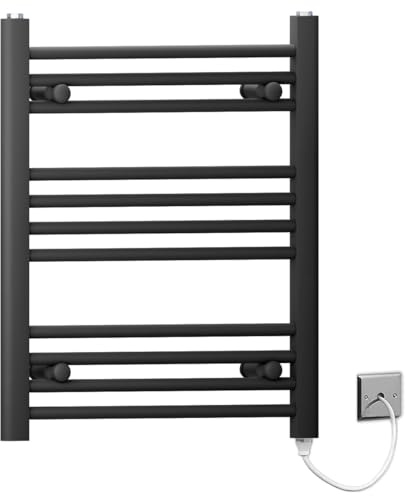 450mm Wide Black Flat Electric Pre-Filled Heated Towel Rail Radiator For Bathroom Designer UK (Alyssa 450 / 600mm Electric Black)
