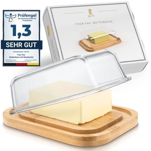 Butterdose Bambus - [NACHHALTIGE] - Butterdose mit Glasdeckel - Premium Butter Glas aus hochwertigem Bambusboden - Butterdose Tief für 250g Butter - Butterdose Glas mit Deckel - Butter Dish