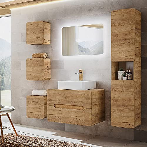Lomadox Badezimmermöbel Set mit 80 cm Waschtisch & LED-Spiegel, Wotan Eiche Nb., Hochschrank, 3 Hängeschränke, B/H/T ca. 180/200/46 cm