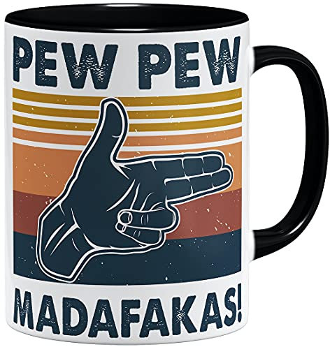 OM3® Handzeichen Pistole - Pew Pew Madafakas Tasse mit Spruch - Statement | Keramik Becher | 11oz 325ml | Beidseitig Bedruckt | Schwarz