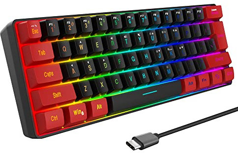 Snpurdiri 60% Wired Gaming Keyboard, True RGB Mini Gaming Keyboard, Quiet Ergonomic Water-Resistant Small Keyboard for Work, Gaming, Office, Red/Black (QWERTY Layout)