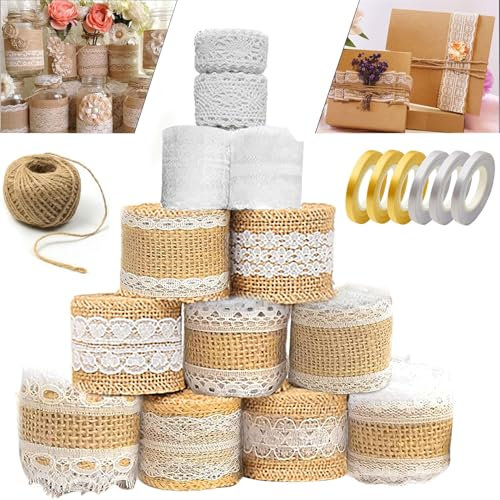 13 Roll Juteband Spitzenband, Juteband mit Spitze Set Vintage Spitzenband Weiß Vintage Natur, Juteband Natur Weiß Vintage Natürliche Sackleinen Juteband für Tischdeko Basteln Geschenkband DIY Handwerk