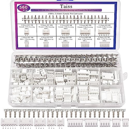 Taiss 560 Stück 2,54 mm JST-XH-Stecker-Set, 2,54 mm, 2/3/4/5/6-poliges Gehäuse, Buchse und Stecker, Adapterkabel, JST-Stecker, weiblicher Stiftkopf-Stecker, Adapterstecker