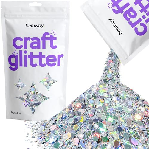 Hemway Craft Glitter - Silver Holographic | 100g Multi Size Metallic Sequin Flakes for Halloween Resin & Epoxy Crafts | Supplies for Autumn Décor, Bunting, Nails, Candle, Face & Mask Decorating