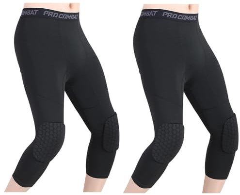 Pantalones De Baloncesto con Rodilleras, Pantalones De Baloncesto para Hombre con Rodilleras 3/4 Capri Medias De Compresión Acolchadas Leggings Sports Protector Gear (Black,XL)