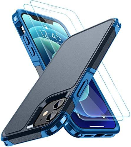 SPIDERCASE Designed for iPhone 12/12 Pro Case, Dark Blue, Military Grade Drop Protection, Built-in Screen Protector, 2 pcs Tempered Glass Screen Protector