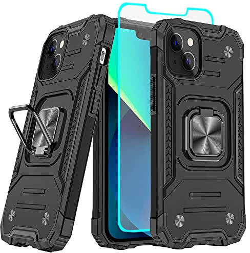 For iPhone 13/iPhone 14 Case with Screen Protector, 360°Military Grade Rotatable Kickstand Hard Rubber Bumper [Shockproof] Protective Cover Cases for iPhone 13/iPhone 14 (Black)