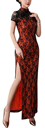 Élégant costume chinois Cheongsam Qipao en porcelaine bleue et blanche avec col mandarin imprimé traditionnel, 35-Orange, L