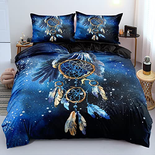 Chanyuan Traumfänger Bettwäsche 220x240cm Blau Federn Muster 3 Teilig Mädchenbettwäsche Kinderbettwäsche Set Weich Mikrofaser Schwarz Bettbezug Boho Exotisch Stil mit Reißverschluss