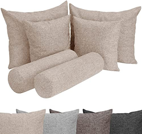 Selfitex Großes 6-teiliges Boxspringbett Kissen Set, 2 Couchkissen XXL + 2 Sofakissen groß + 2 Nackenrollen extra lang, Sofakissen mit Füllung und Bezug, Moderne und stilvolle Dekokissen (Sand)