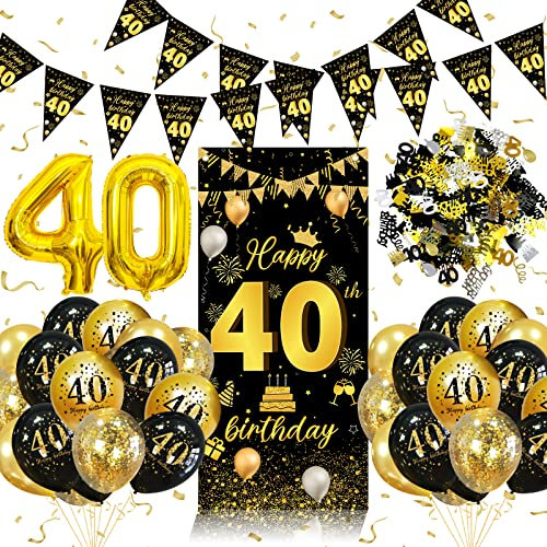 40th Birthday Decorations for Women, Black Gold 40th Birthday Decoration Men, 40th Birthday Banner, 40th Birthday Balloons, Birthday Decorations for Men, Birthday Party Decorations…