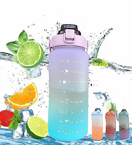 Trinkflasche 2L, 2 Liter Trinkflasche mit Strohhalm, BPA-frei Wasserflasche 2 Liter mit Zeitmarkierung, Auslaufsicher Sportflasche Trinkflasche Sport für Fitness Camping Yoga Laufen (1 Purple)