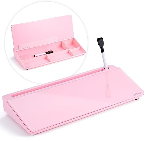 Varhomax Schreibtisch Organizer, Desktop Whiteboard Glas Rosa Mit Aufbewahrung Abwischbar, To Do Liste, Notizblock und Tastaturständer für Homeoffice, Büro und Schulbedarf