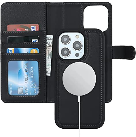 Ｈａｖａｙａ for Coque iphone 14 Pro Magsafe Compatible Coque iphone 14 Pro Porte Carte Flip Étui Cuir Portefeuille à Rabat Homme Amovible - Noir