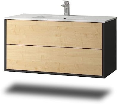 Stil.Zeit Evelia Badmöbel inkl. Waschbecken | Waschtisch mit Unterschrank 100.5 cm | Anthrazit/Dekor Ahorn| Push-to-Open/hängend