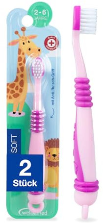 Wellsamed 2 Stück Kids Soft Kinderzahnbürsten Rosa, Zahnbürste für Kinder von 2-6 Jahren