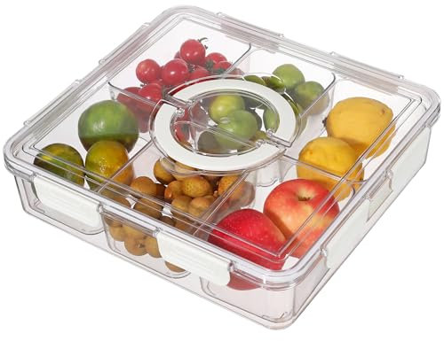 Taiuloo Divided Serving Tray with Lid & Handle, Airtight 6 Compartment Snackle Box Charcuterie Container, Fridge Organizer Bins, Food Storage Container Veggie Tray for Snack, Fruit, Candy, Nuts