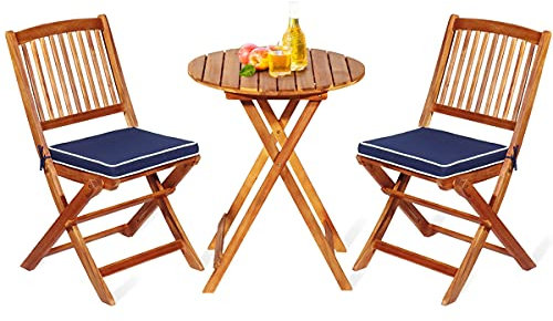 GOPLUS Juego de Mesa y Sillas para Jardín 3 Piezas, 1 Mesa Redonda y 2 Sillas Plegables con Cojines, Muebles Jardin de Madera de Acacia para Exterior Terraza Patio Bistro Piscina (Azul)