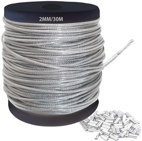 Cavo metallico in acciaio inossidabile 304 da 2 mm, lunghezza 30 m, sezione trasversale 7 x 7, carico di rottura 275 kg, cavo in acciaio inossidabile con 30 morsetti a crimpare in alluminio