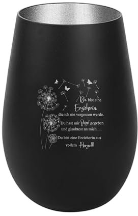 Der-Porzellan-Laden Windlicht mit Gravur Du bist eine Erzieherin, Schwarz Silber, Teelichthalter aus Glas mit Spruch, Tischdeko modern