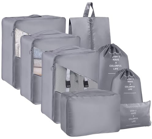 Koffer Organizer Set- 8 Stück, Packing Cubes für Reise, Packtaschen für Koffer, Travel Organizer Suitcase Kleidertaschen Schuhbeutel Kosmetiktasche, Travel Essentials-Grau