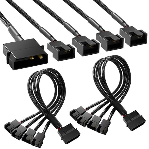 KUOQIY 2 PCS Molex to Fan Splitter Adapter Power Cable, 4 Pin Molex to 4 x 3 Pin / 4 Pin PMW 12V PC Case Fan Power Adapter Cable, Molex to Cooler Cooling Fan Power Cable