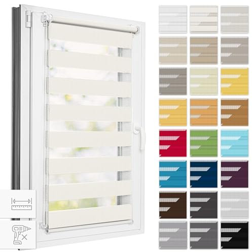 Estika Doppelrollo Klemmfix ohne Bohren, Breite alle 1 cm - 40 cm x 120 cm - Ecru - Tag und Nacht Duo Rollo, Rollos für Fenster ohne Bohren, Fenster sichtschutz