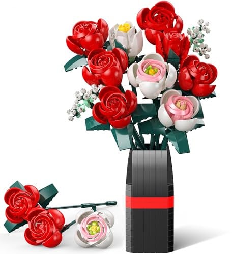 Construction de Bouquet de Fleurs, 841 PCS - 11 Rose Collection Botanique Fleur Éternelles avec Vase - Cadeau de Saint-Valentin, Anniversaire, Fête des Mères pour Adultes et Enfants Femmes
