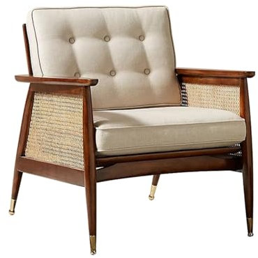 Cenz-888 Wicker Rattan Chair, Accent Chair with Rattan Arms, Upholstered Mid Century Modern Chair for Bedroom Living Room Reading Chairs Rattan Armchair, Retro Leisure Chair, Garden Patio Furniture