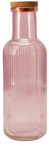 Glass Carafe Bottle 1 Litre with Cork Lid Ribbed Narrow Neck Glass Bottles Decanter for Water Juice Iced Tea Beverage Wine Pitcher Cork Stopper, Coloured (Pink)