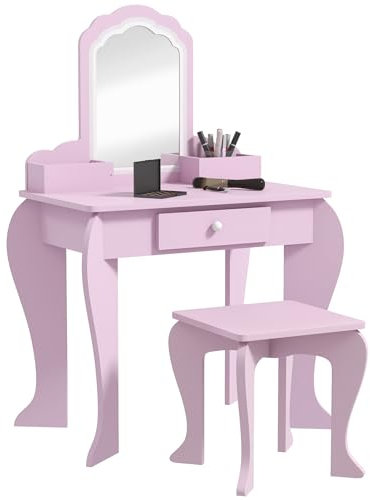 ZONEKIZ Set Toeletta con Specchiera Trucco per Bambina con Sgabello Abbinato, Tavolo Toeletta in Legno con Cassetto e Contenitori, Specchio a Nuvola, Rosa