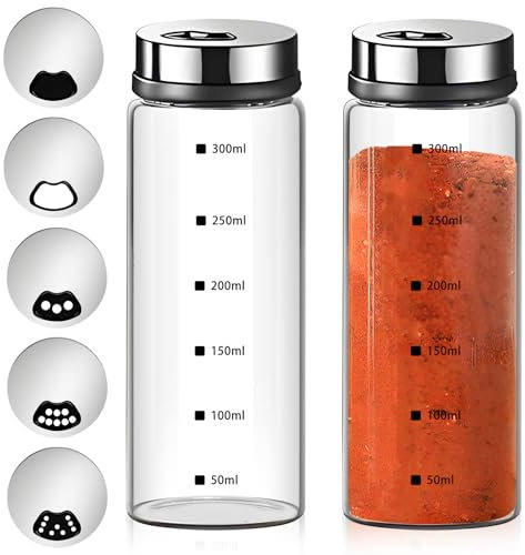2 Pcs Glass Salt & Pepper Shakers with Adjustable Pour Holes, Stainless Steel Lids, Restaurant Spice Dispensers