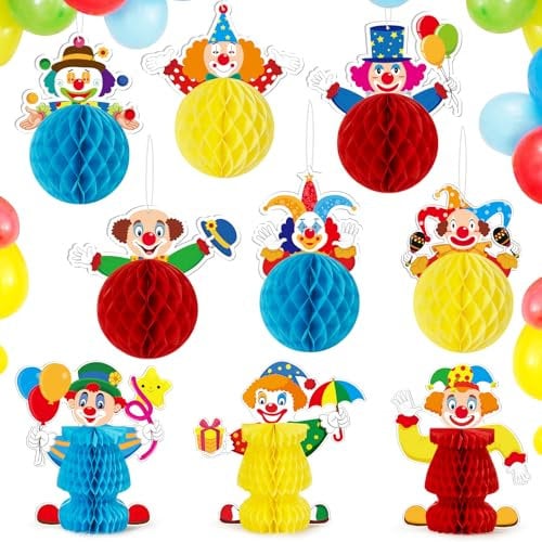 BOFUNX 9 Stück Zirkus Clown Bienenwaben Tischdekoration mit Zircus Clown Hängende Pompoms Hängedeko Partygirlanden Fasching Karneval Party Dekoration