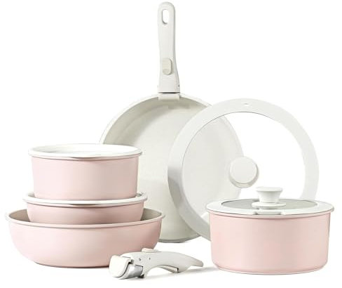 Batterie de Cuisine Antiadhésive 11 Pièces avec Poignée Amovible : Ensemble Empilable de Casseroles et Poêles pour Induction, Gaz, Four et Lave-Vaisselle (Rose)