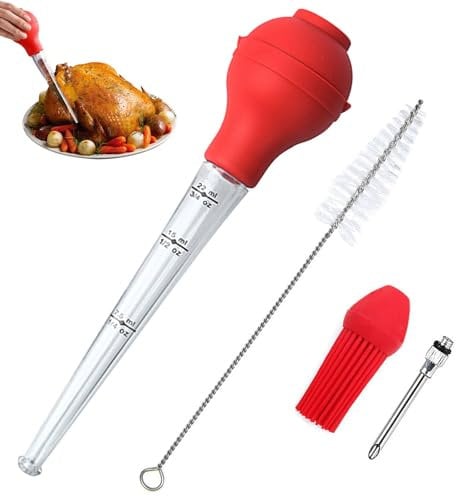 MUNSKT Turkey Baster Set of 4, Commercial Grade Quality FDA Silicone Bulb Including Meat Marinade Injector Needle with Barbecue Basting Brush and Cleaning Brush for Easy Clean Up, Cooking (red)