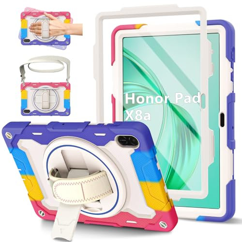 ROSROME for Honor Pad X8a Case 11 inch 2024 with HD Screen Protector, Shockproof Heavy Duty Cover with 360°Rotating Stand/Shoulder Strap/Hand Strap/Pen Holder for 11 Honor X8a Tablet Case, Pink