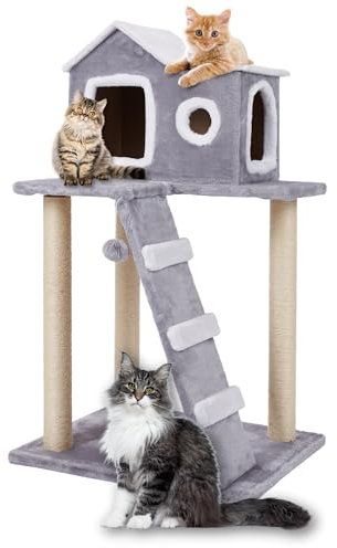 Ultiness® Kratzbaum FILOU 60 x 50 x 100 cm für Katzen, platzsparend, Katzenmöbel mit Kuschelhöhle und Leiter, Sisal-Kratzflächen, Spielball, Katzenhaus, Kratzmöbel, Kletterbaum, Katzenbaum