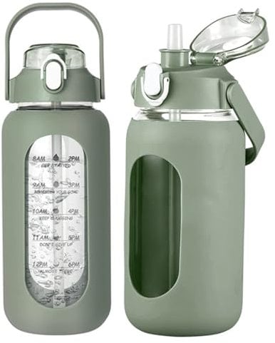 Cunlvyyds 64oz Water Bottle with Straw Glass Water Bottles with Time Marker and Silicone Sleeve Motivational Sports Drinking Bottle for School Office GreenBottles