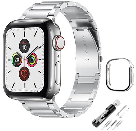 Kompatible Apple Watch Armband mit Gehäuse, Metall Armbänder mit Gehäuse für Apple Watch Ersatzarmband für Männer und Frauen Ultra 49 mm Serie 10 46 mm 42 mm (silber, 46MM 10se)