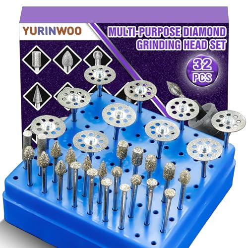 32 Stück Diamant Fräser Set 60 Körnung, Rotary Tool Zubehör mit Diamanttrennscheibe und 1/8(3mm) Schaft Passform für Stein Glas Keramik Schnitzen, Schleifen, Polieren, Gravieren, Schneiden