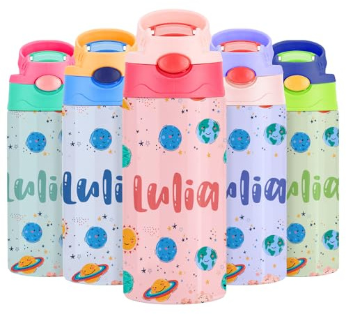 VEELU Botella Agua Personalizada con Pajita - Termo Personalizado con Nombre - Botella Agua Acero Inoxidable Personalizada - Botella Termica Niña 350ml - Regalo Seño Infantil