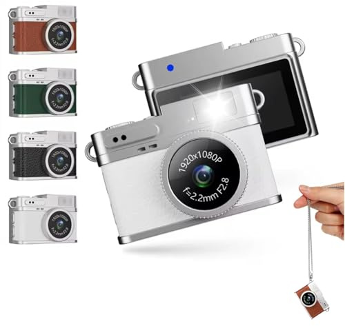 Sxhlseller Schlüsselanhänger Kamera, 1080P Videorecorder, 2 MP Digitalkamera mit Farbbildschirm und Blitzlicht, Wiederaufladbare Kleine Retro Kameras für Reise Vlog (White)