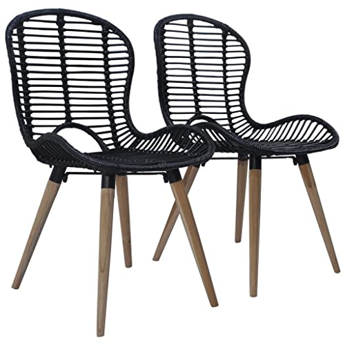 Zeehear Esszimmerstühle 2er Set, Schwarz, Natur Rattan & Holzbeine, 48x64x85cm, wasserabweisend, leicht zu reinigen, für Küche & Esszimmer, Vintage-Stil