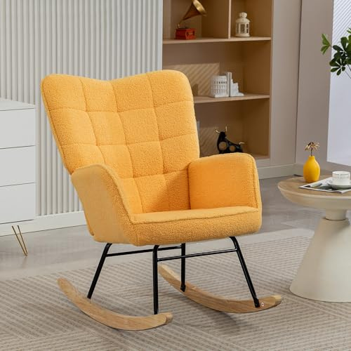 HOMCOM Silla Mecedora Borreguito Respaldo Alto Patas Madera Haya Amarillo