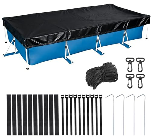 EFUTURETIME Poolabdeckung Rechteckig 300x200cm, Pool Winterabdeckung Oxford Stoff mit Kordelzug Bodennägeln Klettverschluss, Pool Abdeckplane Reißfest UV-Beständig für Rectangular Frame Pool, Schwarz